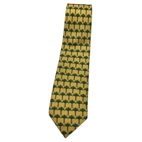 YVES SAINT LAURENT Men's 100% Silk Necktie LUXURY Yellow Palm Tree W:3.7" EUC
